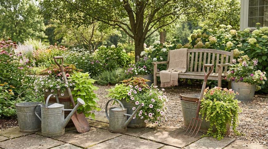 A curated collection of vintage garden accessories including repurposed watering cans, galvanized buckets, and weathered garden tools arranged in odd-numbered groups. These decorative elements create nostalgic vignettes that reinforce the cottage garden aesthetic, with some functional items serving as planters for trailing annuals.