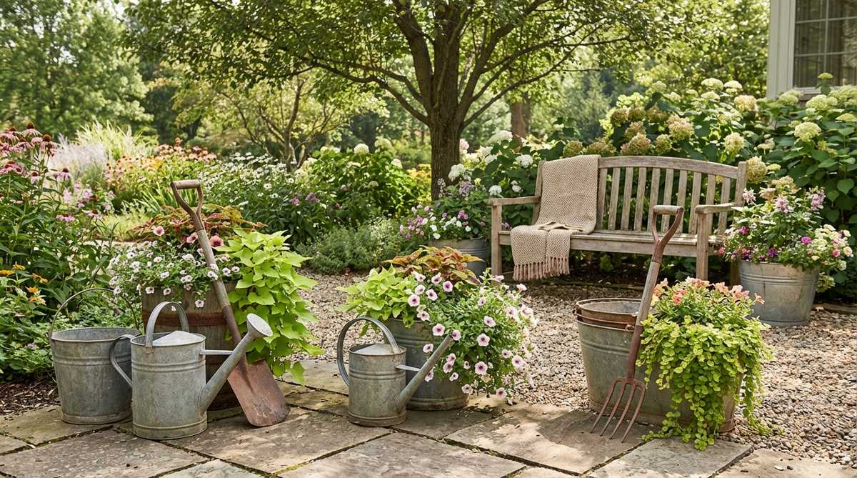 A curated collection of vintage garden accessories including repurposed watering cans, galvanized buckets, and weathered garden tools arranged in odd-numbered groups. These decorative elements create nostalgic vignettes that reinforce the cottage garden aesthetic, with some functional items serving as planters for trailing annuals.