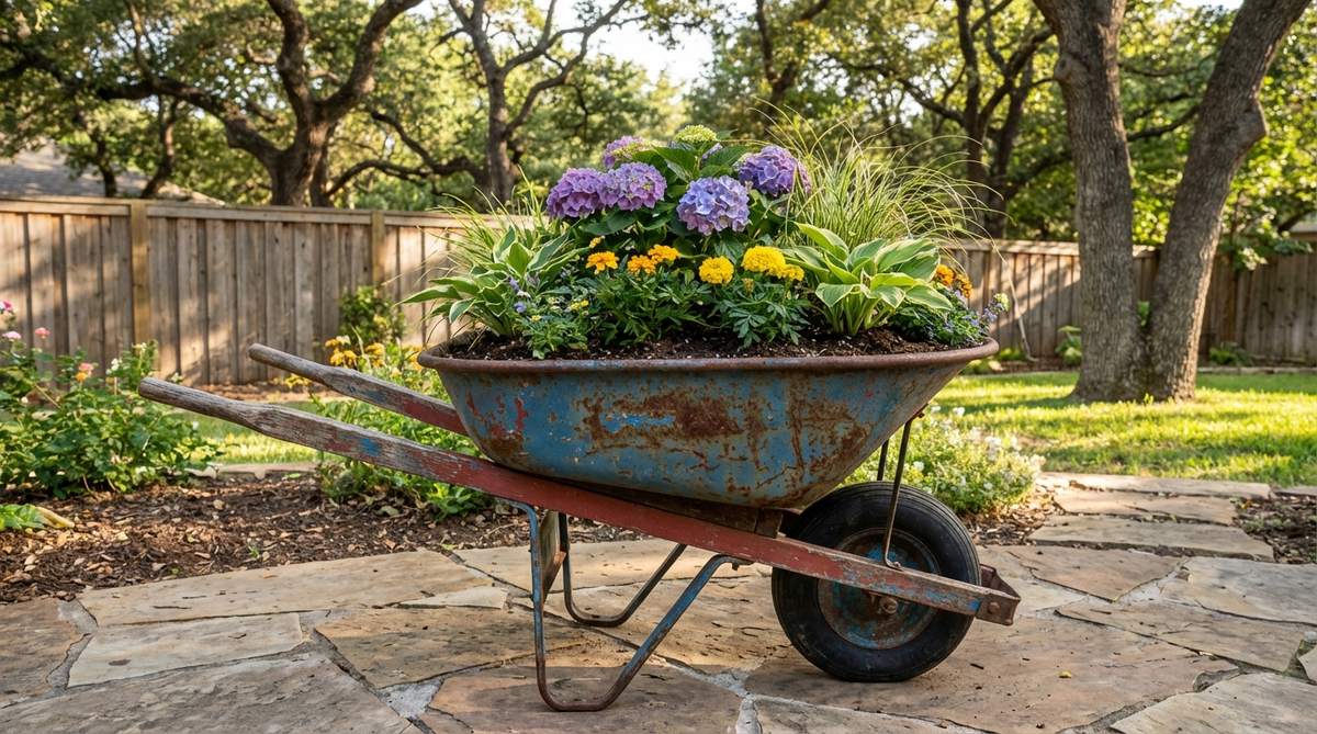 A vintage metal or wooden wheelbarrow repurposed as a mobile garden bed, featuring layered seasonal plants with natural depth variation, weathered paint, and rust for boho decor aesthetics, positioned with handles-up or at dynamic angles for versatile garden displays.