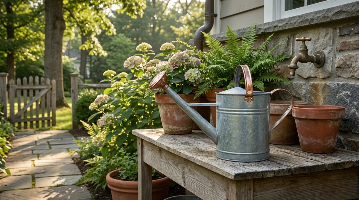 A vintage French-style galvanized zinc watering can featuring a long spout and decorative copper roses, serving as both a functional garden tool and an elegant decorative element. Displayed near an outdoor faucet or potting bench, its neutral metallic finish complements any garden color scheme with refined simplicity.