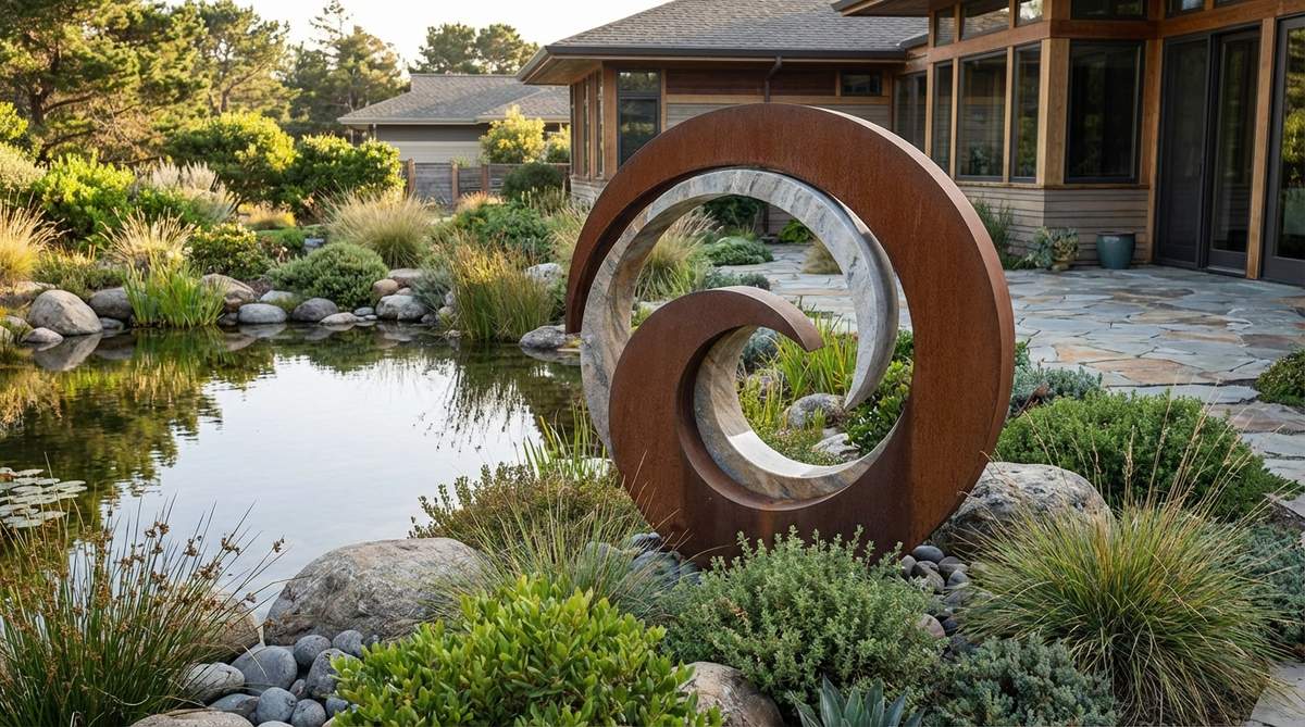 A contemporary abstract sculpture with flowing curved surfaces that suggest natural wave motion, made from durable materials. This organic sculpture bridges natural and constructed environments, ideal for installation near water features or in coastal gardens where the wave reference gains contextual resonance. The smooth curves provide visual softness that complements angular architectural elements, creating balanced compositions in garden settings.