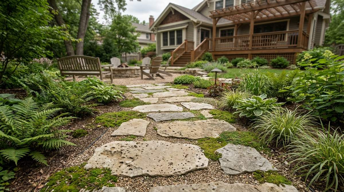 Aged limestone stepping stones with naturally pitted surfaces arranged at varying intervals in a garden pathway, creating an ancient, timeless aesthetic with neutral tones that complement any planting palette.