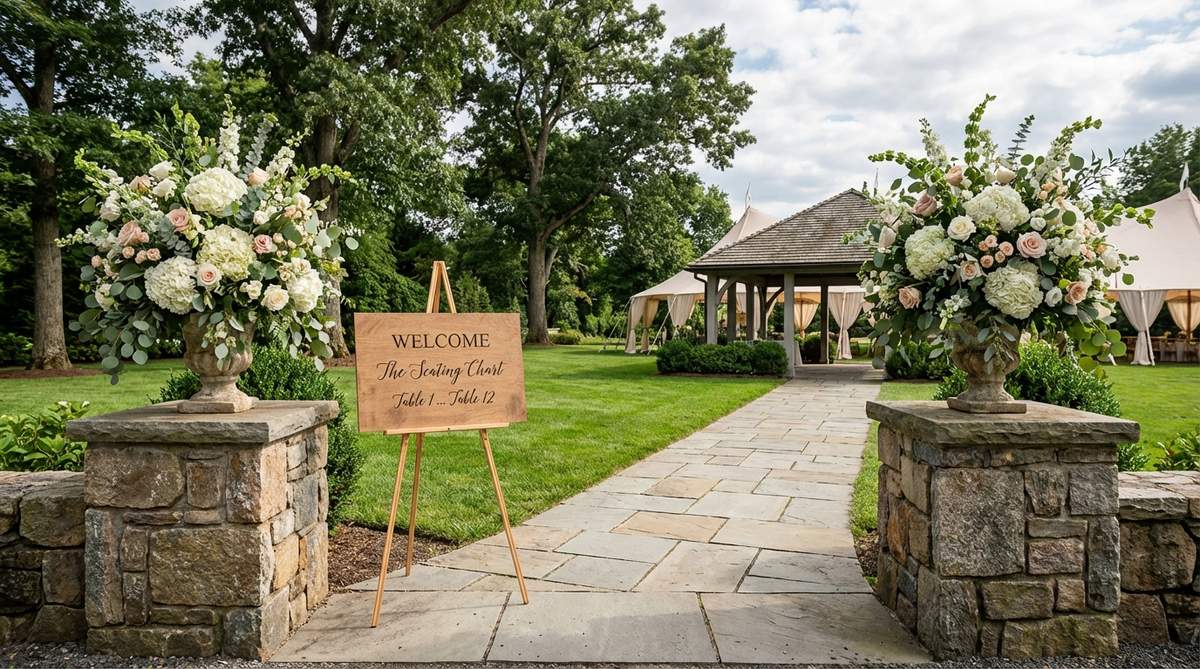 A wedding reception entrance featuring tall floral arrangements on pedestals flanking welcome signage, used to display seating charts or event timelines, designed to orient guests and establish a decorative tone with visual continuity from ceremony installations.
