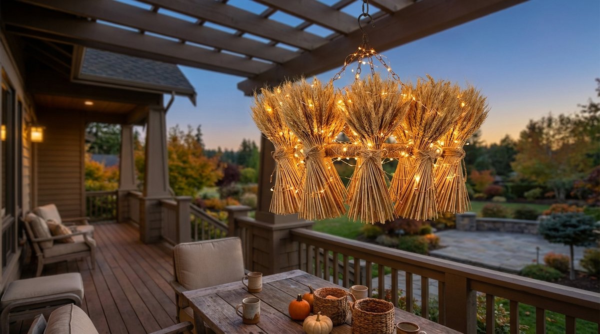 A harvest-themed chandelier made from dried wheat sheaves bound with twine, suspended overhead with copper wire lights for a warm glow in evening balcony decor. Ideal for Halloween and autumn settings, it adds agrarian authenticity and complements various color schemes.