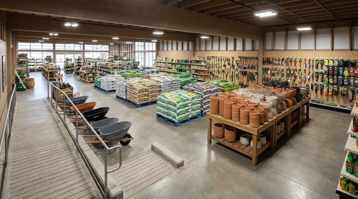 A spacious garden center interior with wide ramps for wheelbarrow access, showing organized zones for bagged soil amendments on pallets, stacked pots, tools on pegboards, and motion-activated LED lighting for convenient early morning or evening use.