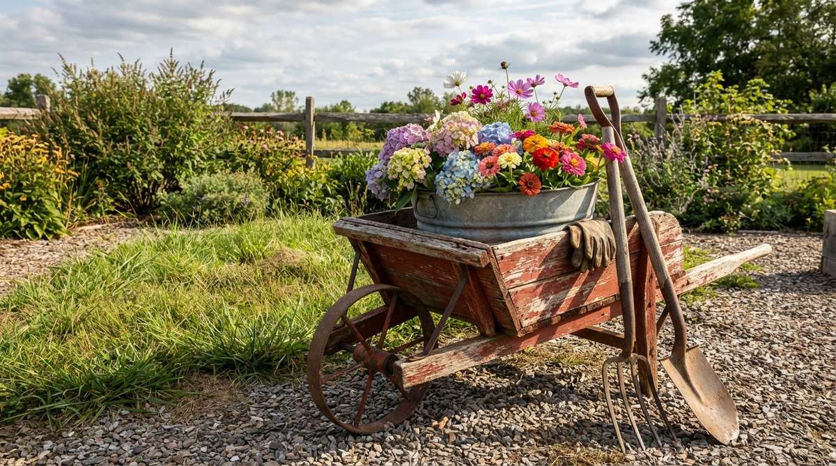 A weathered wheelbarrow staged with a galvanized tub, vintage tools, and colorful flowers, creating an authentic farmhouse garden scene that evokes nostalgia and historical garden practices.