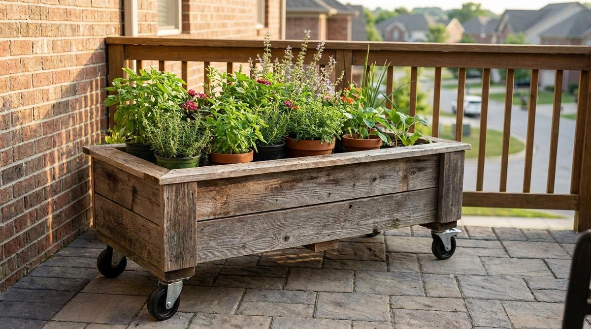 A wheeled planter system with heavy-duty casters installed beneath a large container, showcasing mobile garden elements that can be rolled to follow sun patterns or rearranged for entertaining on apartment balconies or small garden spaces.