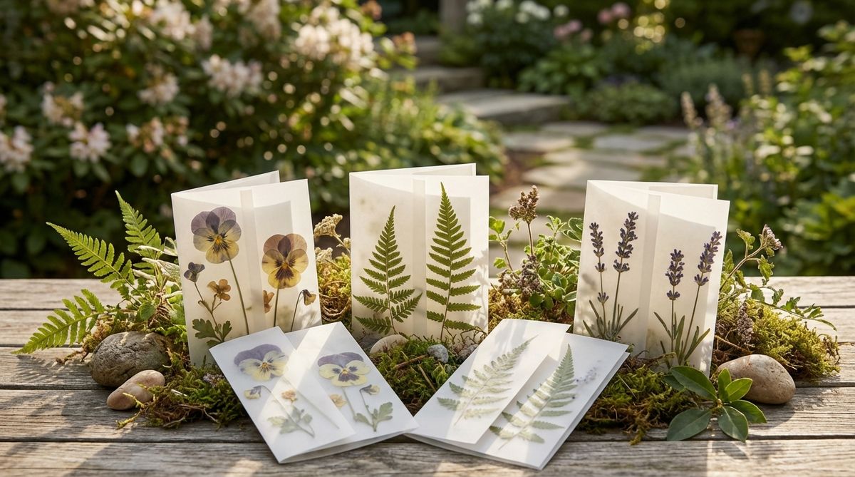 A close-up photo of transparent vellum menu cards with pressed wildflowers like pansies and ferns embedded between layers. The natural botanicals are preserved within the cardstock, creating an organic, bohemian wedding decoration that doubles as functional stationery.