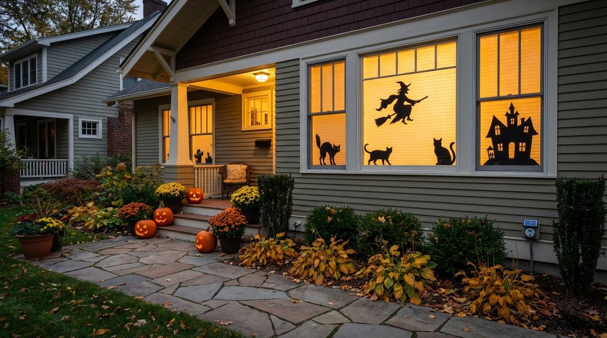 A Halloween window silhouette display featuring black cutouts of witches, cats, or haunted houses backlit by warm indoor lighting. The image shows how to create this spooky outdoor decor effect using black poster board, window placement, and timed lighting for automatic dusk activation.