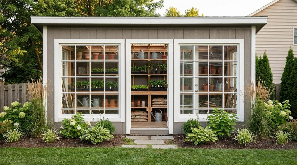 A small garden shed with oversized windows, functioning as a propagation space for seedlings and cuttings, featuring interior shelving near windows for tiered growing zones and storage for gardening supplies.
