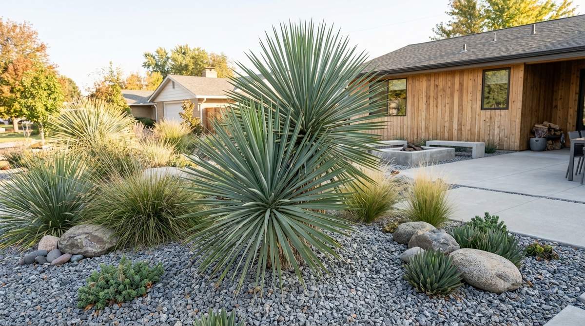 A yucca plant with sword-like leaves radiating from central crowns, creating architectural spikes that punctuate a minimalist gravel garden. The dramatic form stands tall without spreading, with clean lines maintained by removing spent flower stalks after blooming.