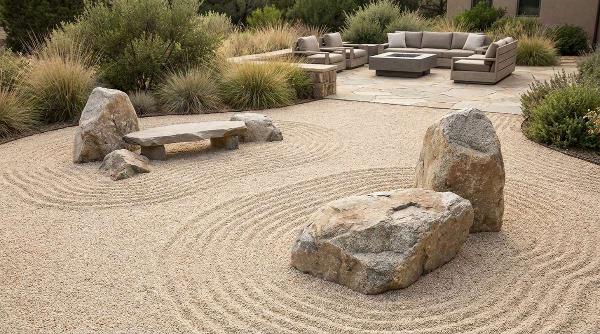 A minimalist Zen garden featuring fine gravel raked into flowing patterns, edged with larger boulders, representing a contemplative outdoor decor element for meditation spaces.