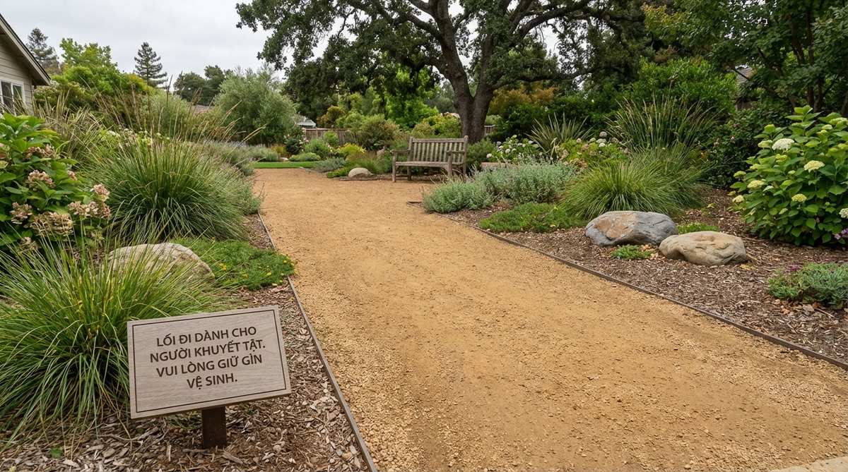 A gravel garden path with a firm, compacted surface made of stabilized decomposed granite or resin-bound gravel, designed to meet ADA accessibility standards. The path shows proper installation with edge restraints, a maximum 2 percent slope, and water-permeable properties suitable for wheelchair use.
