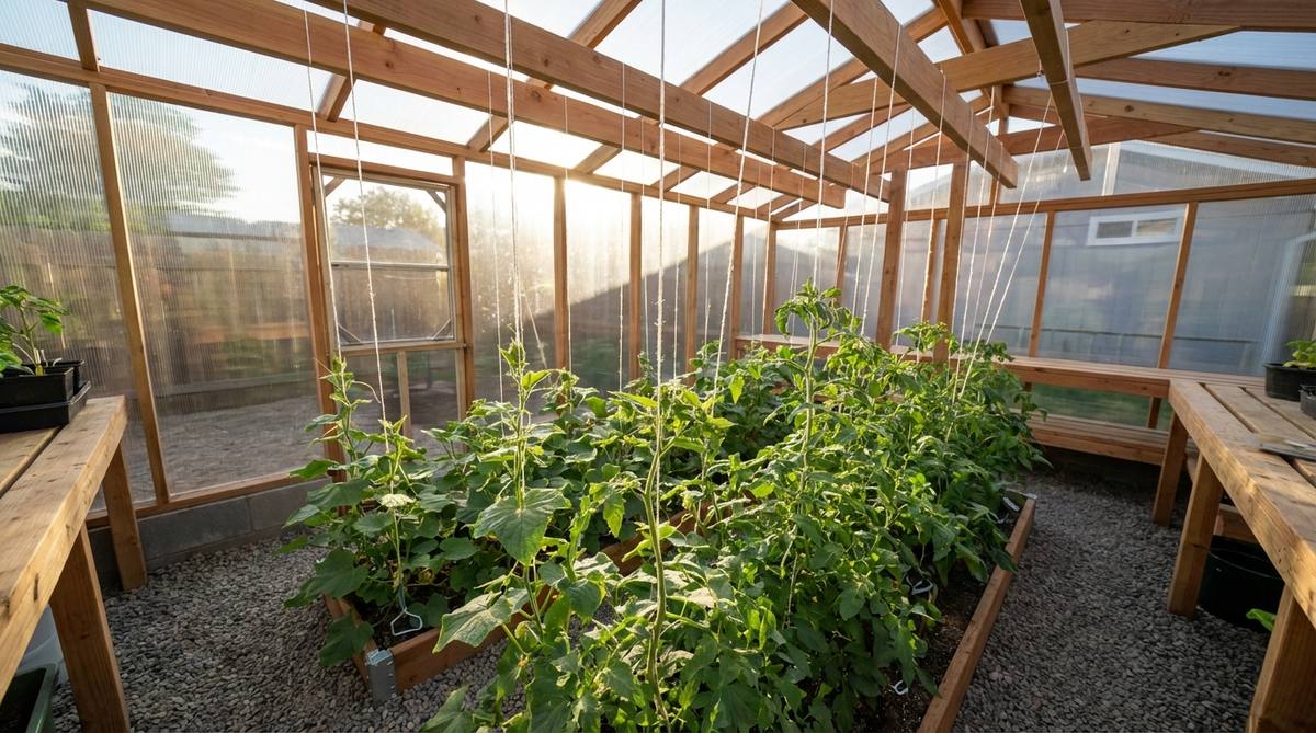 An image showing an adjustable string trellis system in a small greenhouse, with white polypropylene twine strung vertically from overhead supports to ground anchors, used for training tomato and cucumber plants. The setup demonstrates how to adjust tension and wrap stems for optimal growth, highlighting the light-reflective properties of the twine to enhance photosynthesis.
