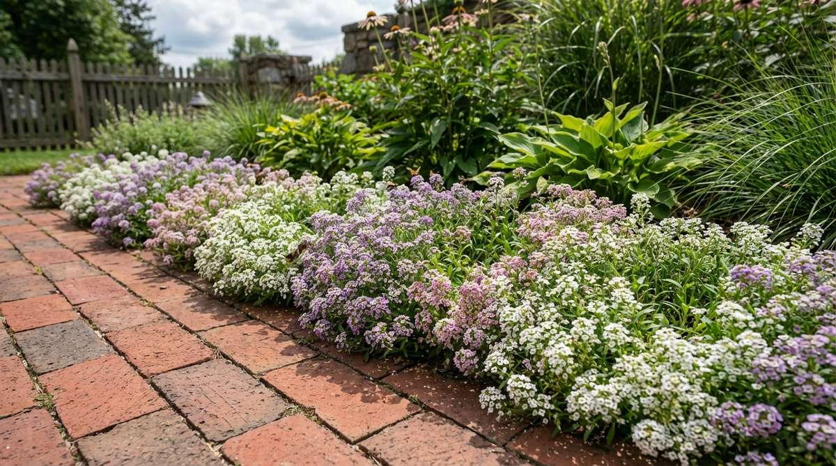 A close-up photo of sweet alyssum plants blooming along a brick garden border, showcasing their low-growing, honey-scented white, purple, or pink flowers that attract beneficial insects and fill gaps between perennials.