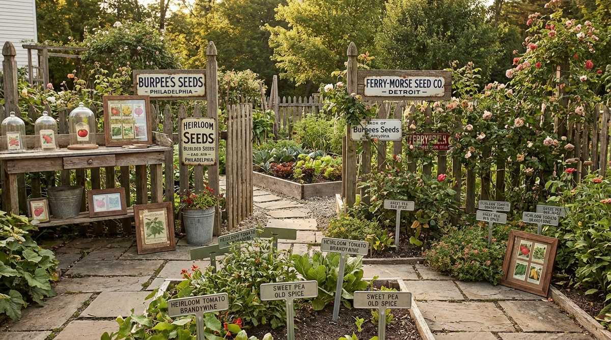 Vintage seed packet reproductions, enamel advertising signs, and metal plant markers with period typography, used for practical identification and adding graphic interest in a vintage garden setting.