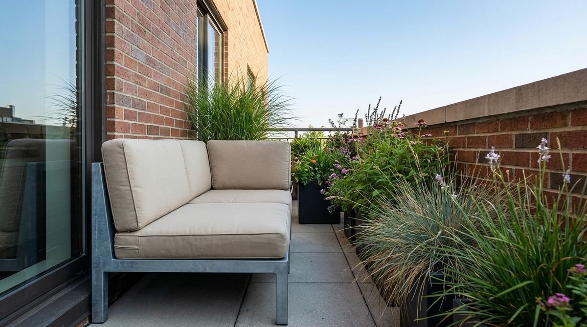 An armless sectional chair designed for narrow urban balconies, featuring a galvanized steel frame for weather resistance and thick cushions for comfort without extra pillows.