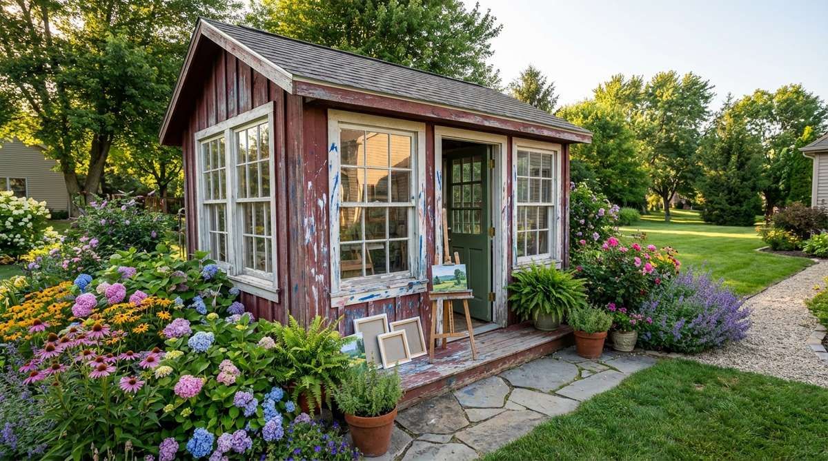 A miniature garden shed designed as an artist's studio, featuring large windows for natural light, paint-splattered exterior walls, and a tiny easel positioned outside for plein air painting. Includes miniature canvases leaning by the door and is surrounded by colorful flower gardens to inspire artistic subjects.