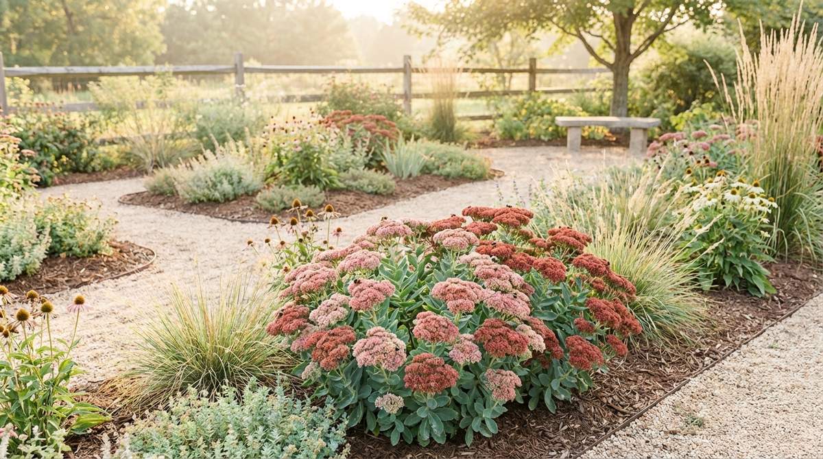A close-up photo of Autumn Sedum (Stonecrop) showing its flat-topped flower clusters transitioning from pink to rusty red, with succulent blue-green foliage. The plant is in full sun with excellent drainage, attracting late-season pollinators.
