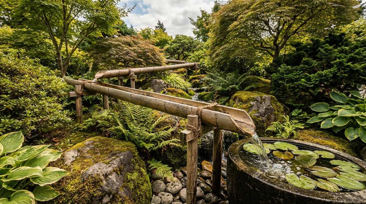 A close-up view of a bamboo flume waterfall in a Japanese garden, showing split bamboo sections forming an elevated aqueduct that delivers water to a drop point above a basin or pond. The bamboo construction adds architectural interest, creating height variation without extensive stonework, and the flume extends horizontally to move water across the garden space in a visually interesting way.