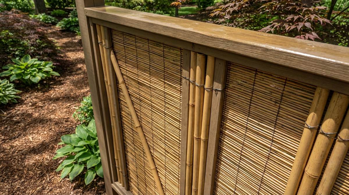 A close-up image of natural bamboo reed panels used in garden fence design, showcasing the organic texture and tropical aesthetic. The panels are wire-bound with bamboo poles of varying sizes, framed with pressure-treated wood for support, and treated with exterior polyurethane to enhance durability. This eco-friendly option is ideal for Asian-inspired gardens, offering an exotic atmosphere at a modest cost.