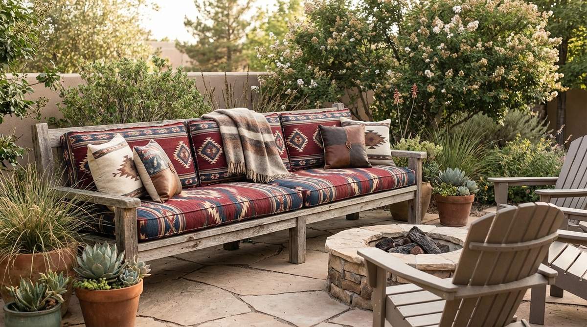 A long wooden bench with custom Navajo-patterned cushions, showcasing western boho decor with traditional patterns and comfortable seating for gatherings.