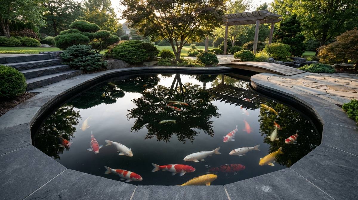 A modern Japanese garden pond with a dark bottom made of black concrete or liner, creating a mirror-like surface that enhances reflections and makes koi colors like white, red, and yellow appear exceptionally vibrant. The dark background absorbs light, giving the illusion of greater water depth and intensifying the traditional mirror pond concept.
