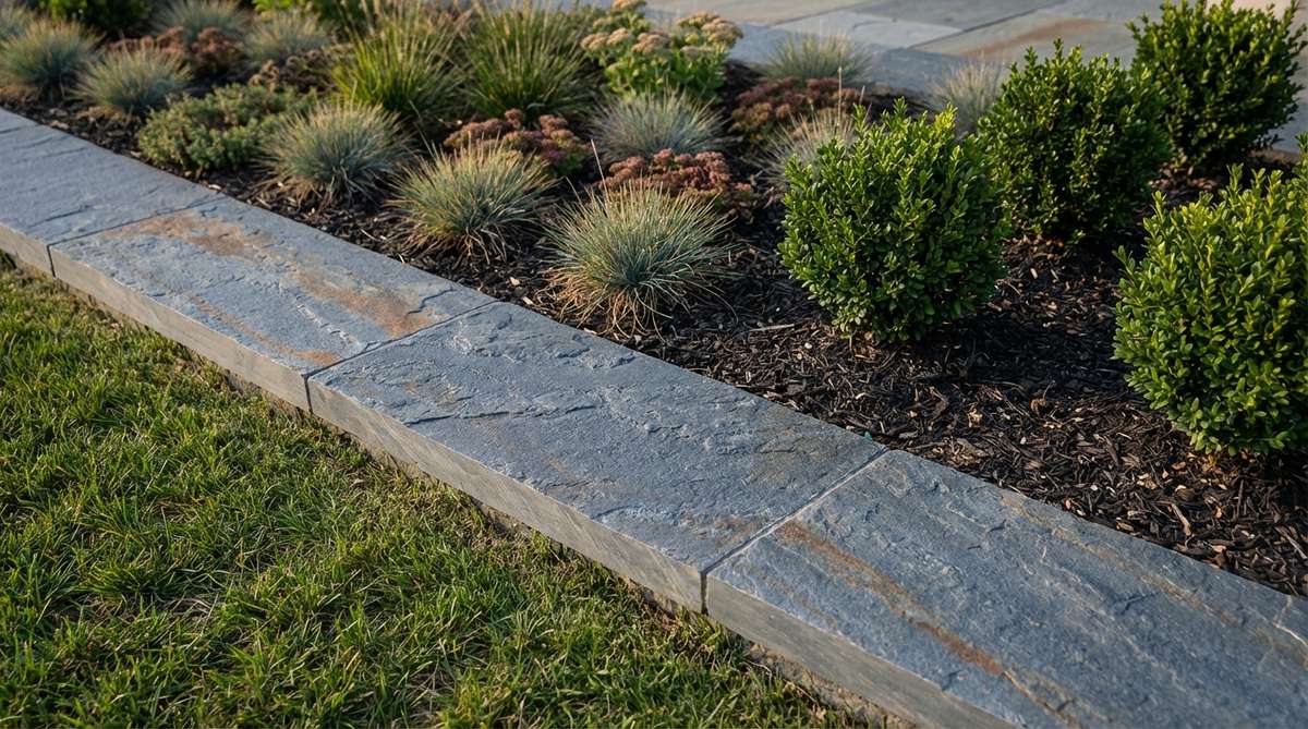 A close-up photo of thermally treated bluestone edging strips with textured surfaces and clean straight edges. The blue-gray stone with occasional rust tones creates sophisticated garden borders with slip-resistant finish. Shown installed along a contemporary landscape bed with clean lines.
