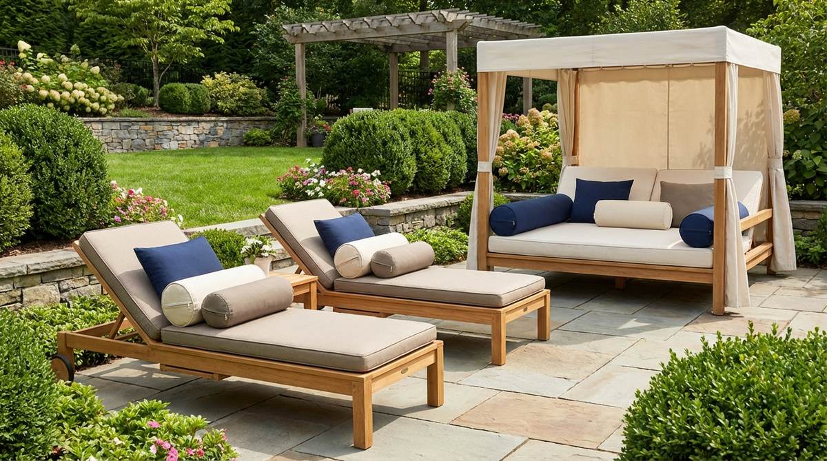 Cylindrical bolster pillows in solid colors providing neck and arm support on outdoor chaise lounges and daybeds. Features standard 8x20 inch size with removable, washable covers for easy maintenance.