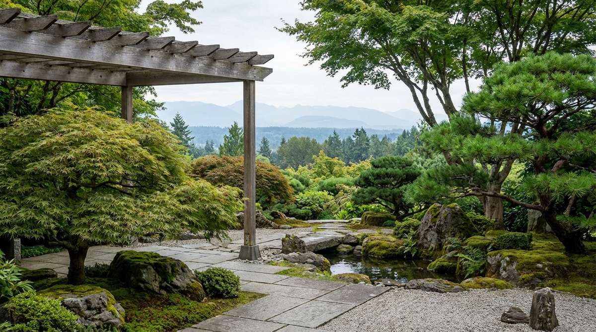 A Japanese garden scene illustrating the shakkei technique, with a carefully framed view incorporating distant mountains and tree canopies beyond the property lines, showcasing strategic pruning and selective screening to integrate external elements into the garden's composition.