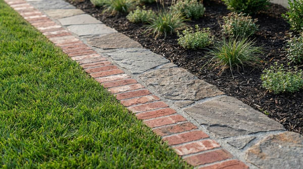 A close-up photo of garden edging featuring an alternating pattern of brick soldier course and flagstone segments, creating rhythmic visual variation with different textures. The design shows 4-foot brick sections separated by 2-foot flagstone intervals, aligned at the top edges for a smooth, continuous mowing surface, ideal for stone garden edging projects.