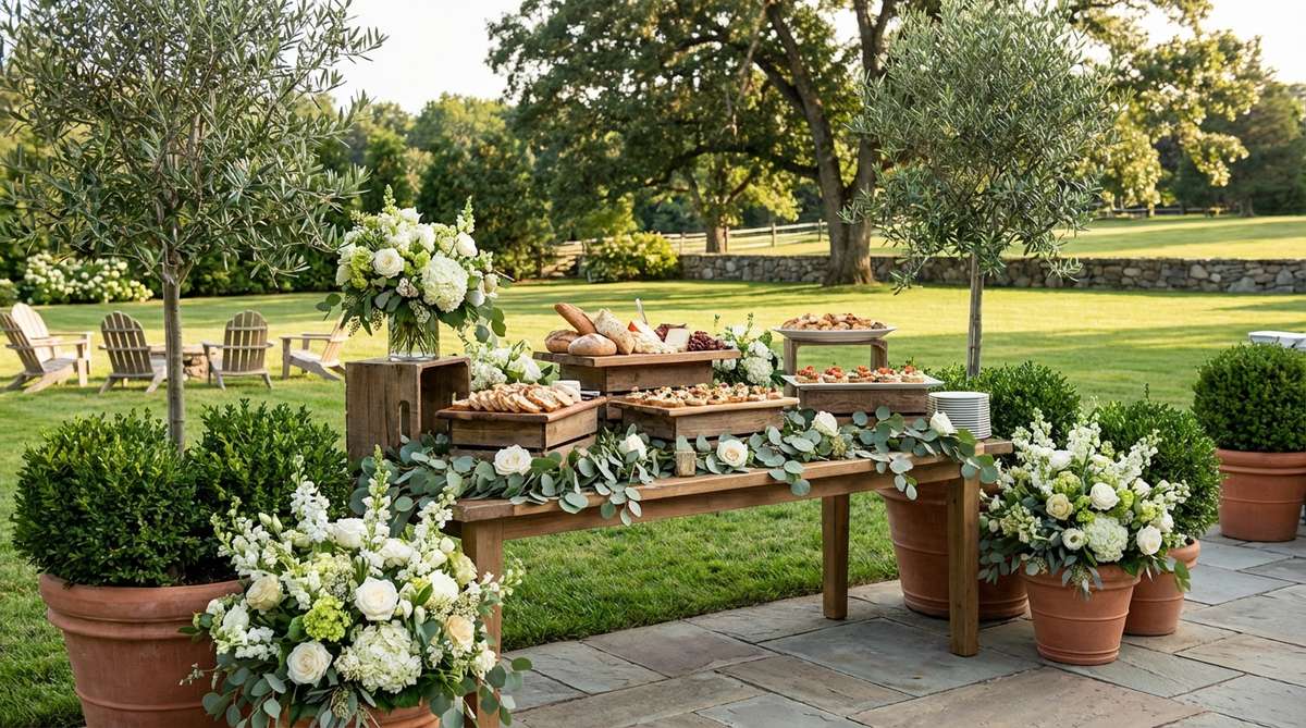 A beautifully styled outdoor wedding buffet station featuring elevated display levels with risers and platforms, adorned with greenery and florals that seamlessly integrate food presentation into the decor. Surrounded by potted trees and large floral arrangements to define the service zone while ensuring accessibility and maintaining a cohesive aesthetic.