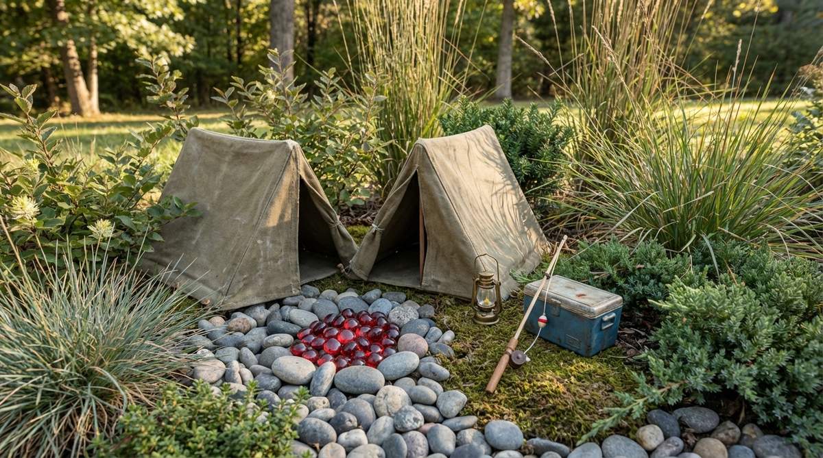 A miniature camping scene in a garden, featuring a small tent or camper among plants, with a tiny campfire ring made from pebbles and red glass beads. Includes accessories like a lantern, fishing pole, and cooler, surrounded by native grasses and shrubs to create a wilderness campsite theme.