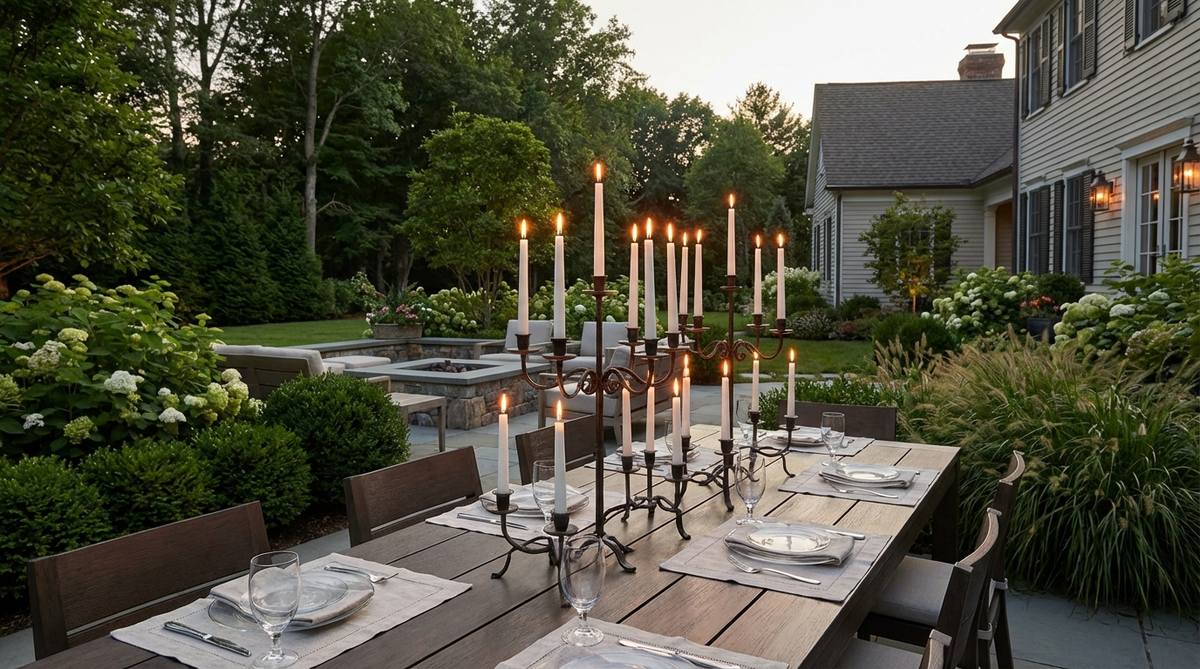 Elegant multi-arm candelabras with long taper candles arranged on a modern garden table, creating a formal centerpiece for evening entertaining. The vertical flames add dramatic height while unscented candles preserve food aromatics.