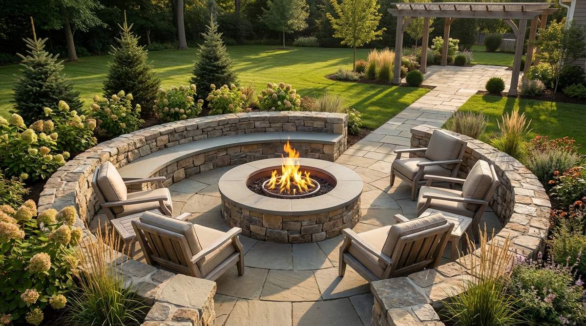 A central fire pit positioned at the heart of a cozy garden seating arrangement, featuring a stone or metal ring that contains flames and provides edge seating. This wood-burning or gas fire pit ensures 350-degree warmth distribution, with built-in designs and clearances for safety and comfort.