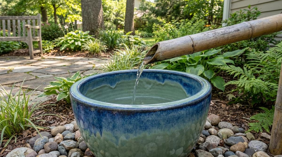 A small garden fountain featuring a glazed ceramic bowl with a natural bamboo spout. The bamboo tube arches over the rim, creating a gentle water flow back into the basin. The smooth ceramic surface contrasts beautifully with the organic bamboo texture, available in various glaze colors like cobalt blue and celadon green. This versatile fountain can be used both outdoors in garden settings and indoors as a decorative accent piece.