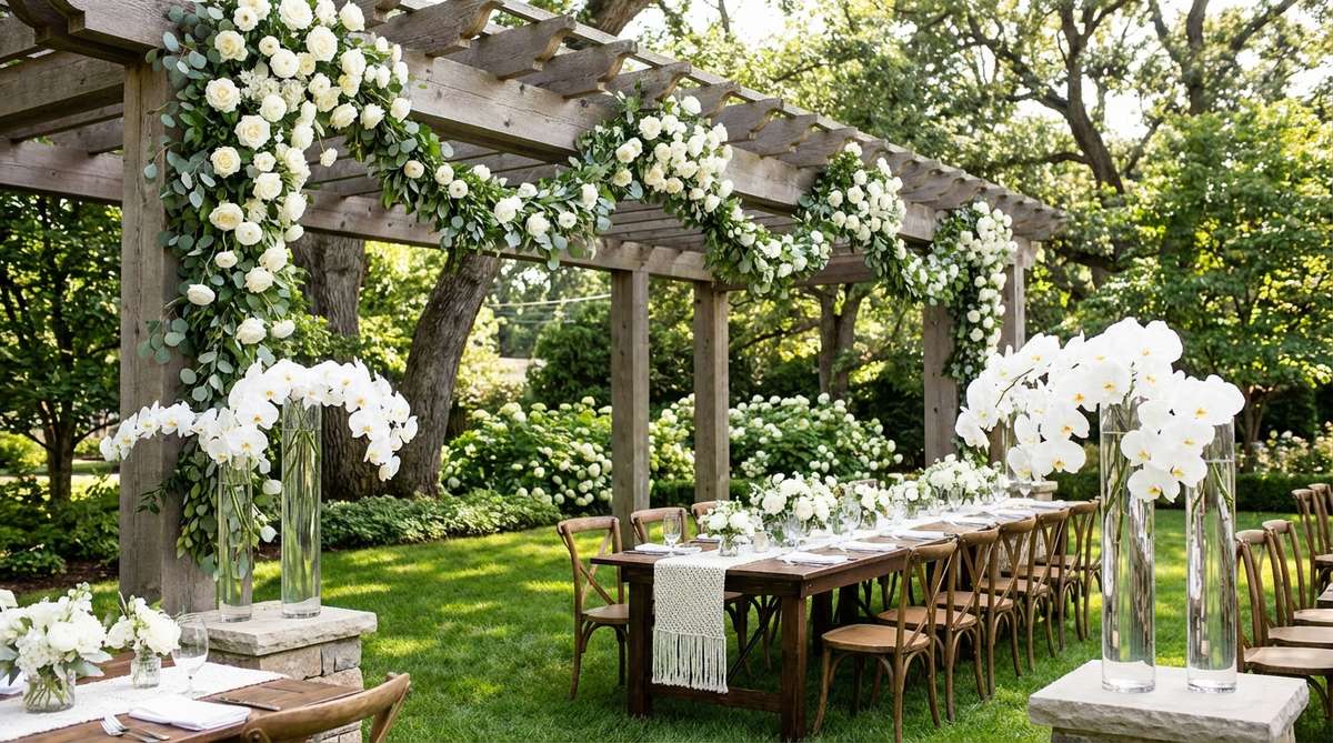 An elegant garden decor wedding image featuring pure white flowers, Italian ruscus, and eucalyptus arranged in flowing garlands and tall white orchids in clear vases, emphasizing simplicity and texture in a clean aesthetic that complements any garden setting.