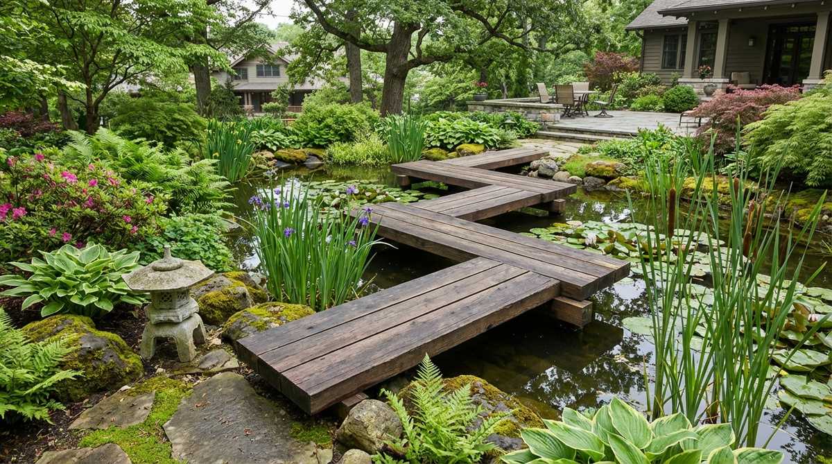 A traditional Japanese garden bridge featuring eight narrow wooden planks arranged at 90-degree angles to each other, forming a zigzag path over a pond or marsh. Each plank measures 3-4 feet long and 12-18 inches wide, supported by posts driven into the pond bed, floating 4-8 inches above the water or vegetation. This canonical Yatsuhashi design serves both functional and spiritual purposes, with its angular path believed to prevent evil spirits from entering garden inner sanctums while encouraging visitors to slow down and enter contemplative states as they navigate each turn.