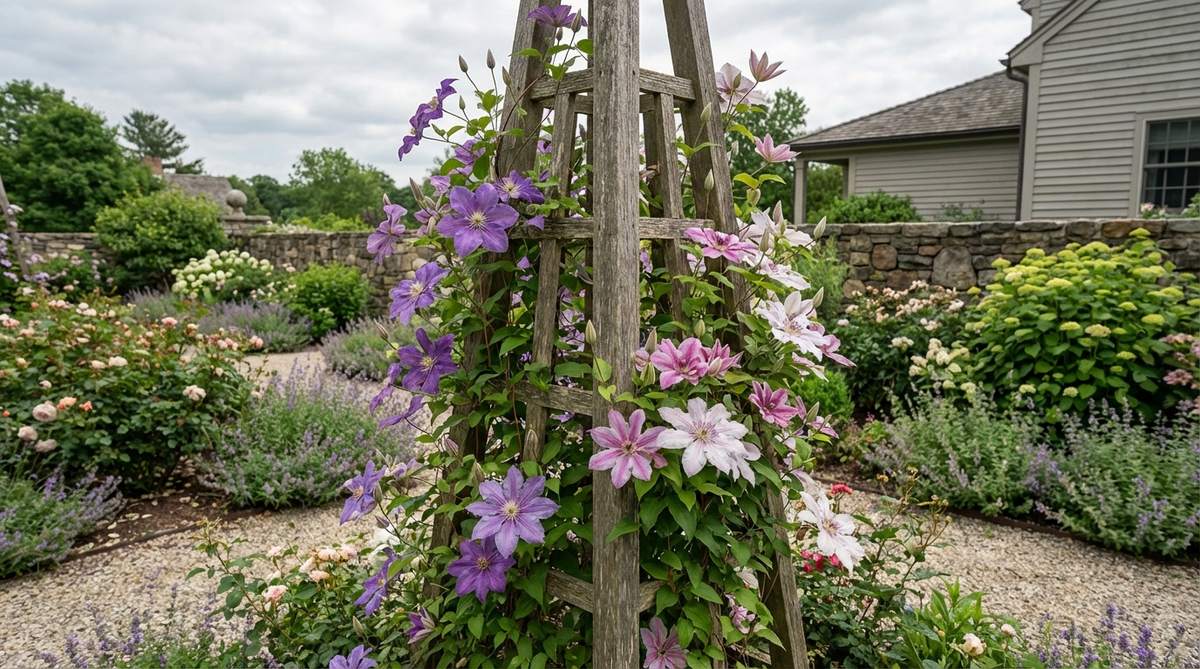 A tall, freestanding obelisk, 5 to 7 feet high, serving as a vertical accent in a cottage garden. It supports large-flowered clematis hybrids, with vines blooming in succession across seasons. The structure lifts the eye and breaks horizontal plant masses, adding sculptural interest without appearing bulky due to the light foliage of the clematis.