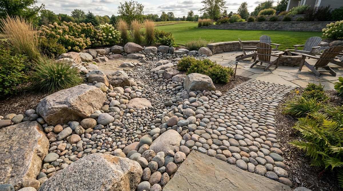 A garden design featuring gradated stone sizes from large boulders to small cobbles, simulating shoreline erosion patterns. Rounded river rocks create an authentic beach character with smooth surfaces suitable for barefoot walking, suggesting water-worn geological processes.