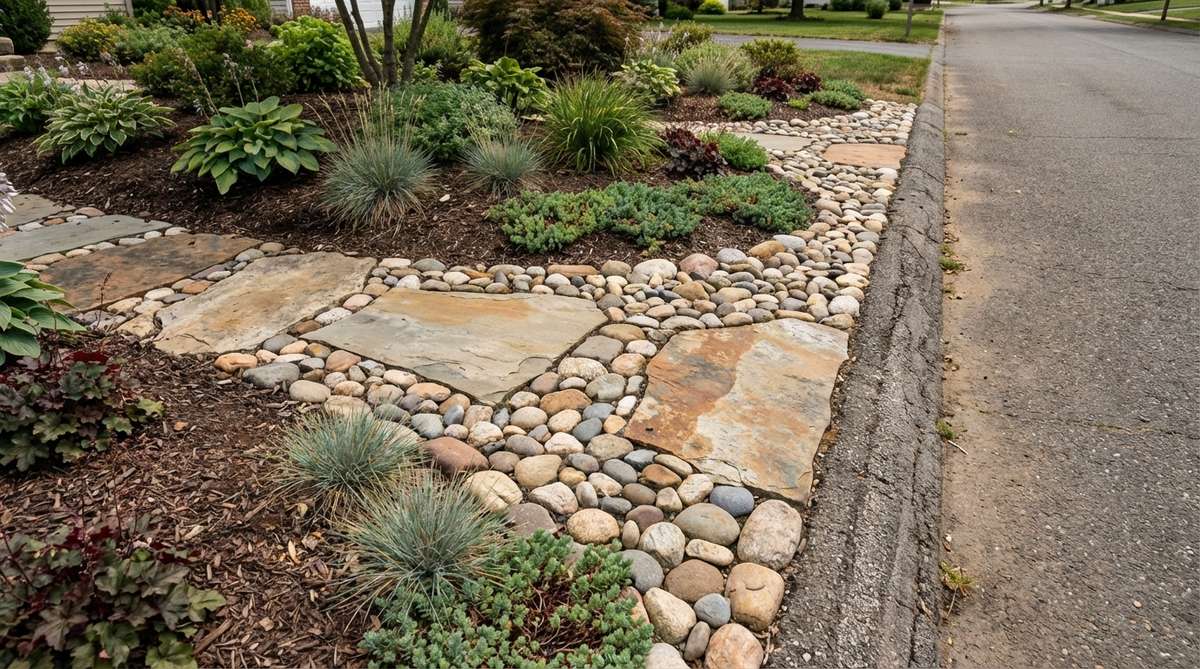 A detailed view of cobblestone edging used in a stone garden mosaic, showcasing pebbles filling spaces between large stepping stones to create a textural transition along streetside curbs or garden borders. The design harmonizes colors with primary stones and plant palettes, defining boundaries elegantly without visual barriers.