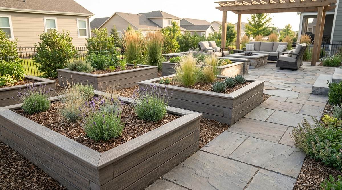 A modern garden bed with composite lumber frames made from recycled plastic, featuring wood grain texture. The durable material resists moisture, insects, and UV degradation, requiring minimal maintenance for permanent installations.