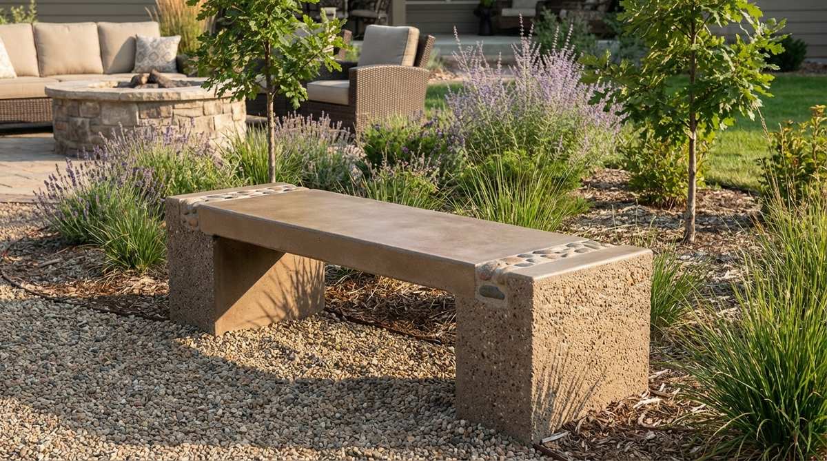 A polished concrete bench with embedded river stones, featuring a smooth seating surface and textured aggregate sides. This custom on-site formed bench integrates natural elements with modern materials, using integral coloring for low maintenance and thermal mass to extend comfortable seating into cool evenings.