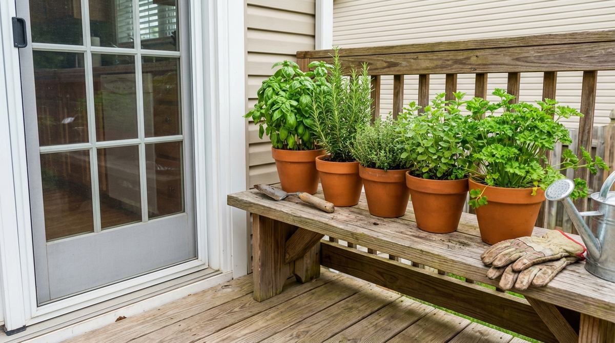 A small container herb garden with basil, rosemary, thyme, oregano, and parsley in individual pots, arranged on a sunny patio or deck near a kitchen door for easy access to fresh seasonings.