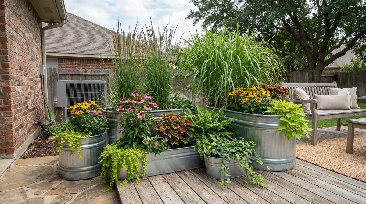 A grouping of mixed-size containers in a garden tub setting, using the 'thriller, filler, spiller' formula to disguise unattractive corners. Features varied heights for natural screening, repeated plant varieties for cohesion, and galvanized containers for a neutral, organized look in odd-numbered clusters.