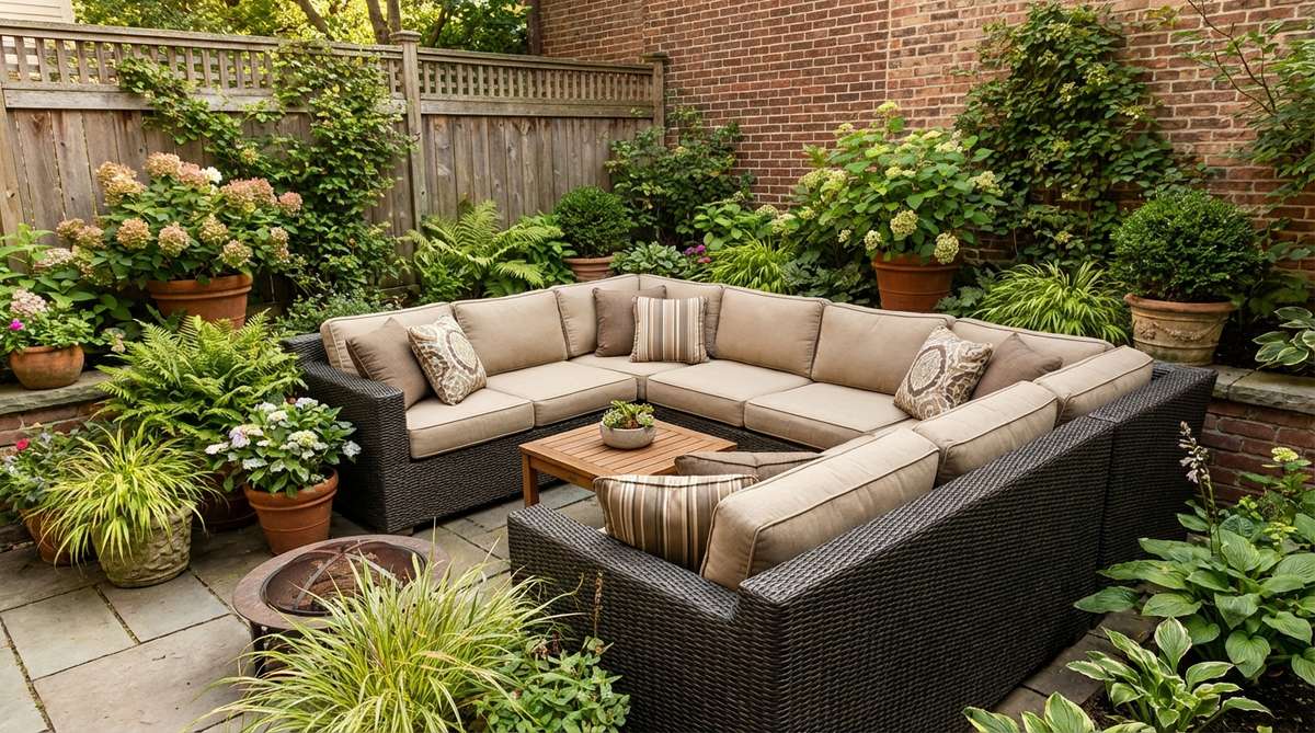 An L-shaped sectional seating arrangement in a small garden courtyard corner, featuring modular weatherproof furniture with neutral-toned cushions, surrounded by seasonal plantings to maximize space utilization and create an intimate conversation area.