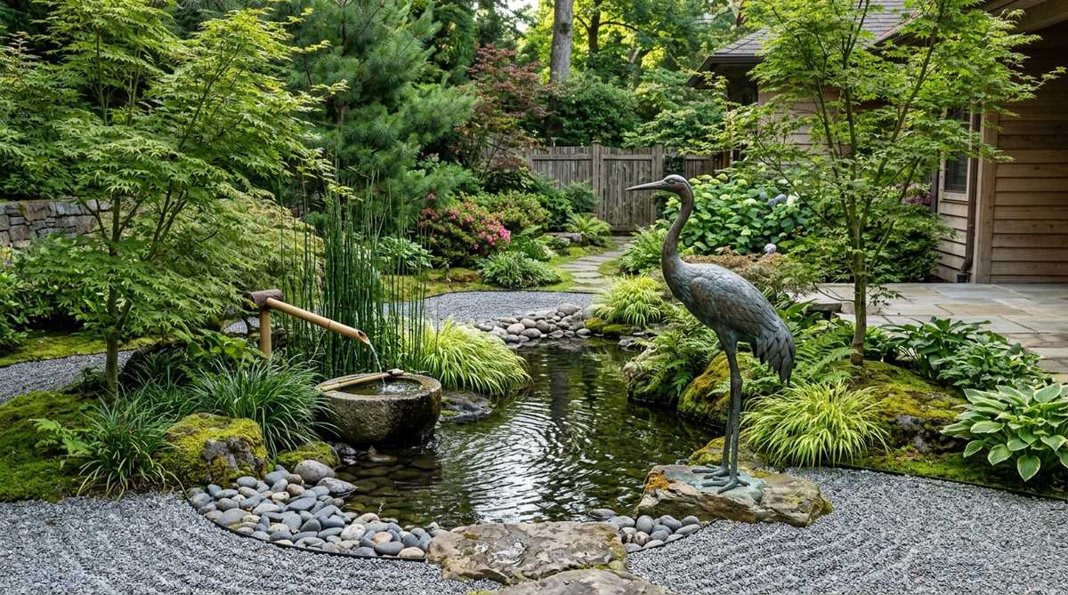 A bronze crane sculpture symbolizing longevity and good fortune in a Zen garden, placed near water features with elegant vertical lines complementing the horizontal garden planes.