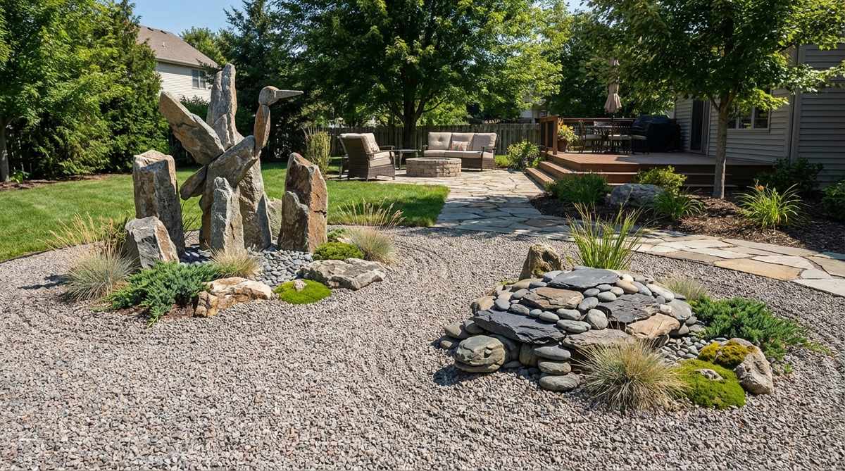 Two rock groupings in a Japanese stone garden representing crane and turtle symbols of longevity. The crane island features vertical stones suggesting upward flight, while the turtle island uses flat horizontal rocks implying grounded stability. Positioned traditionally with crane to the left and turtle to the right, this arrangement demonstrates complementary opposites working in balance, incorporating cultural symbolism while maintaining aesthetic appeal.