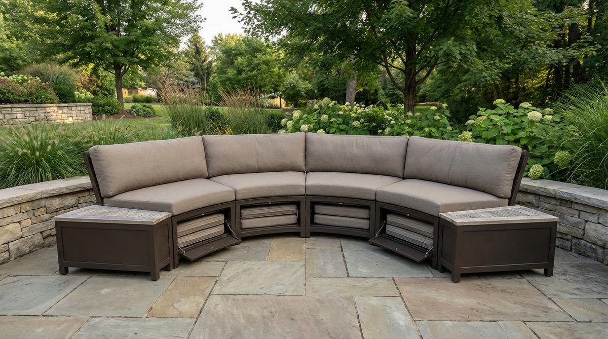 A crescent-shaped outdoor sofa designed for 4-5 people, featuring built-in side tables and continuous back cushion with hidden support. Made from rust-resistant powder-coated aluminum with storage compartments for cushions.