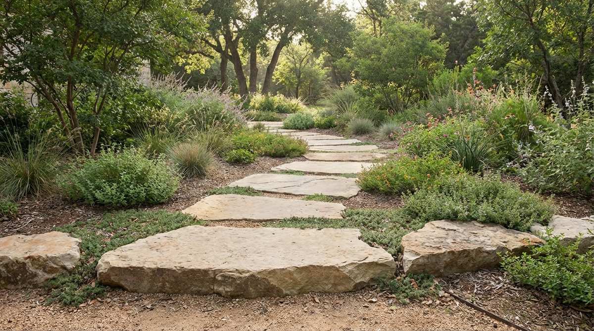 A close-up photo of curved natural-edge flagstone stepping stones arranged in a gentle S-curve through a garden. The stones have pronounced natural edges that create a flowing, meandering pathway without requiring cutting. The arrangement guides movement through the garden while maintaining an organic character.